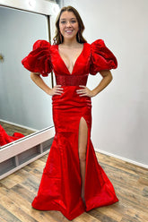 Red Prom Dress Mermaid Beaded V-Neck Long Formal Dress With Puff Sleeves